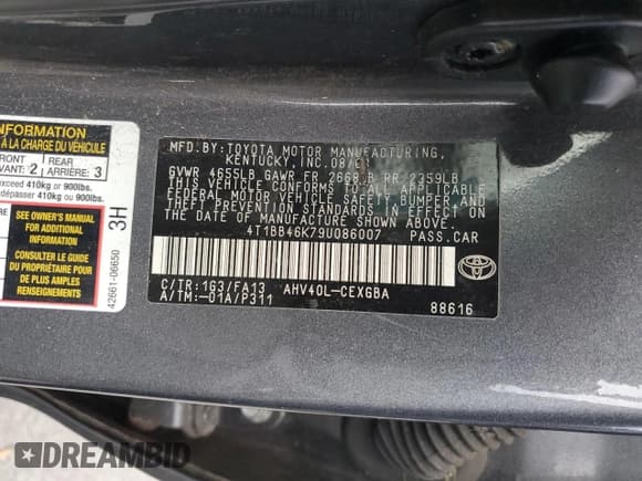 ✅ 2009 Toyota Camry • VIN: 4T1BB46K79U086007 • Лот: 82723035. Опубликован ранее на Copart с пробегом Не указан. Бесплатный доступ к архиву аукционных продаж из США и подробный отчёт об истории автомобиля на DreamBid. Изображение 12.