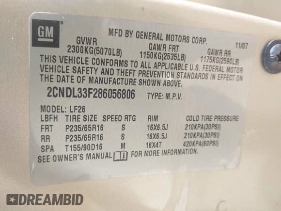 ✅ 2008 Chevrolet Equinox LT • VIN: 2CNDL33F286056806 • Лот: 41661927. Опубликован ранее на IAAI с пробегом Не указан. Бесплатный доступ к архиву аукционных продаж из США и подробный отчёт об истории автомобиля на DreamBid. Изображение 9.