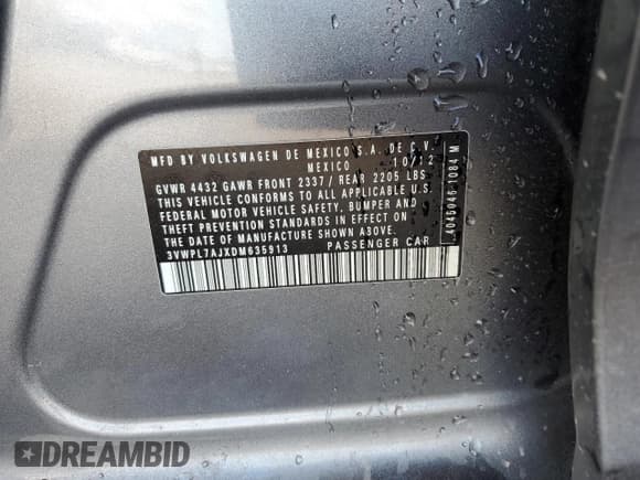 ✅ 2013 Volkswagen Jetta TDI w/Sunroof & Nav • VIN: 3VWPL7AJXDM635913 • Lot: 91042075. Listed on Copart with 161,310 mi. Free auction sales archive from the USA and detailed vehicle history report at DreamBid. Image 12.