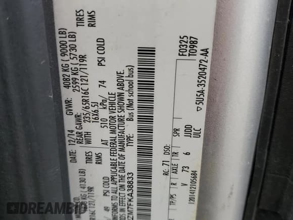 ✅ 2015 Ford Transit XL • VIN: 1FBZX2ZM7FKA38833 • Lot: 55867315. Wystawiony na Copart z przebiegiem 133 711 mil. Bezpłatny archiwum sprzedaży aukcyjnych z USA i szczegółowy raport historii pojazdu na DreamBid. Zdjęcie 13.