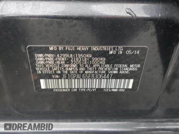 ✅ 2014 Subaru Impreza Special Sports Premium • VIN: JF1GPAL65E8306447 • Lot: 93061065. Listed on Copart with 85,476 mi. Free auction sales archive from the USA and detailed vehicle history report at DreamBid. Image 13.