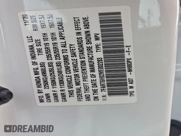 ✅ 2021 Honda CR-V Touring • VIN: 7FART6H92ME002283 • Lot: 95921305. Listed on Copart with Not provided. Free auction sales archive from the USA and detailed vehicle history report at DreamBid. Image 13.