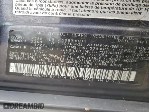 ✅ 2012 Subaru Outback Prem • VIN: 4S4BRBCC7C3229113 • Lot: 93300555. Listed on Copart with 188,023 mi. Free auction sales archive from the USA and detailed vehicle history report at DreamBid. Image 12.