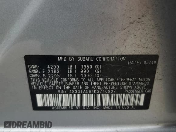 ✅ 2019 Subaru Impreza Premium • VIN: 4S3GTAC64K3740907 • Lot: 58830015. Listed on Copart with 69,974 mi. Free auction sales archive from the USA and detailed vehicle history report at DreamBid. Image 12.