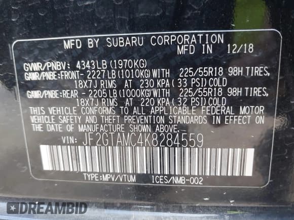 ✅ 2019 Subaru Crosstrek Limited • VIN: JF2GTAMC4K8284559 • Lot: 43536730. Listed on IAAI with 106,595 mi. Free auction sales archive from the USA and detailed vehicle history report at DreamBid. Image 9.