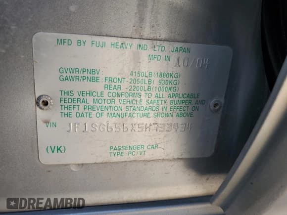 ✅ 2005 Subaru Forester XS • VIN: JF1SG656X5H733434 • Lot: 60517755. Listed on Copart with 191,157 mi. Free auction sales archive from the USA and detailed vehicle history report at DreamBid. Image 12.