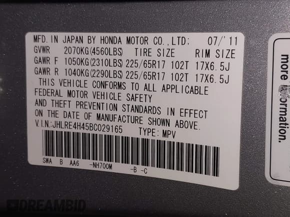 ✅ 2011 Honda CR-V SE • VIN: JHLRE4H45BC029165 • Lot: 43840783. Listed on IAAI with 226,931 mi. Free auction sales archive from the USA and detailed vehicle history report at DreamBid. Image 9.