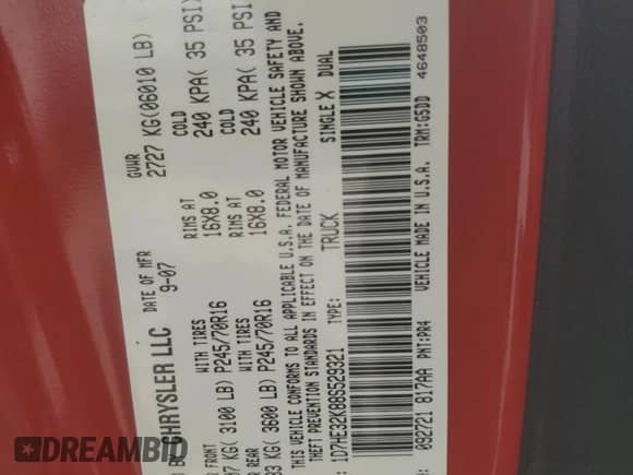 2008 Dodge Dakota Bighorn/Lonestar with VIN 1D7HE32K88S529321, listed as a Copart auction lot 63997945 with 84,690 mi miles and Salvage title. Bid and sale history available at DreamBid. Image 12.