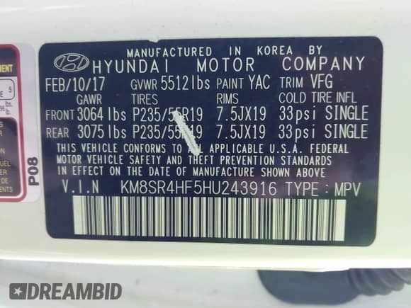 2017 Hyundai Santa Fe Limited Ultimate z VIN KM8SR4HF5HU243916, wystawiony jako IAAI lot #43512260 z przebiegiem 100 977 mil mil oraz . Historia ofert i sprzedaży dostępna na DreamBid. Obrazek 9.