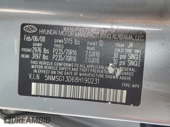 ✅ 2008 Hyundai Santa Fe GLS • VIN: 5NMSG13D68H190231 • Lot: 91647225. Listed on Copart with 88,560 mi. Free auction sales archive from the USA and detailed vehicle history report at DreamBid. Image 13.