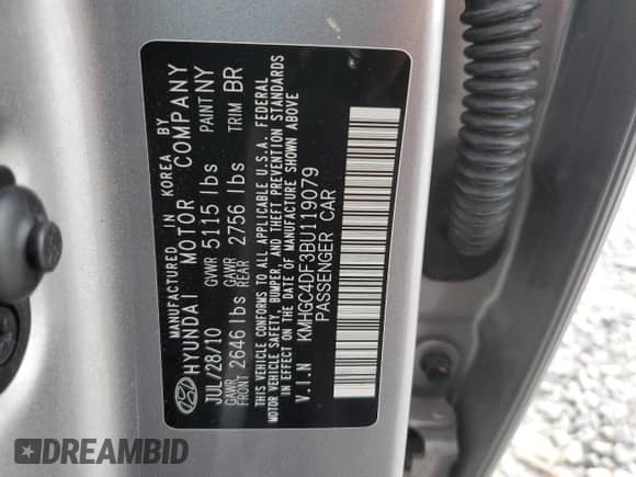 2011 Hyundai Genesis z VIN KMHGC4DF3BU119079, wystawiony jako Copart lot #71789764 z przebiegiem Nie podano mil oraz Szkoda całkowita • Salvage title. Historia ofert i sprzedaży dostępna na DreamBid. Obrazek 14.