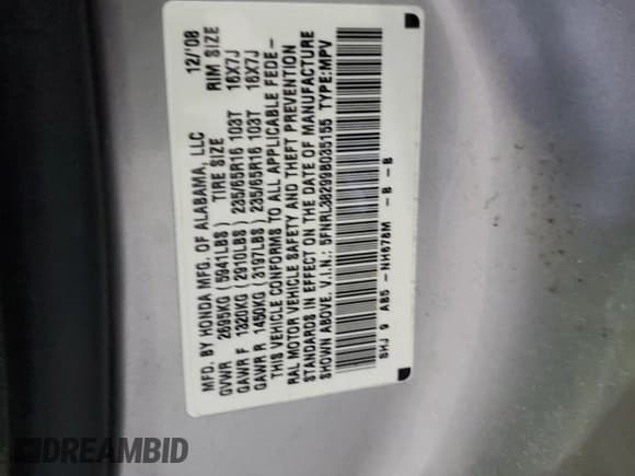 ✅ 2009 Honda Odyssey LX • VIN: 5FNRL38299B035155 • Лот: 92181785. Опубликован ранее на Copart с пробегом 173 006 миль. Бесплатный доступ к архиву аукционных продаж из США и подробный отчёт об истории автомобиля на DreamBid. Изображение 13.