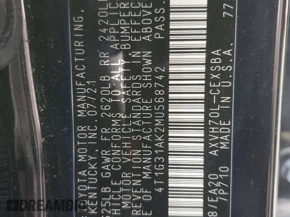 2021 Toyota Camry Hybrid SE с VIN 4T1G31AK2MU568742, выставлен на аукционе Copart как лот 65463995 с пробегом 99 423 миль миль и Списание • Salvage title. История ставок и продаж доступна на DreamBid. Изображение 12.