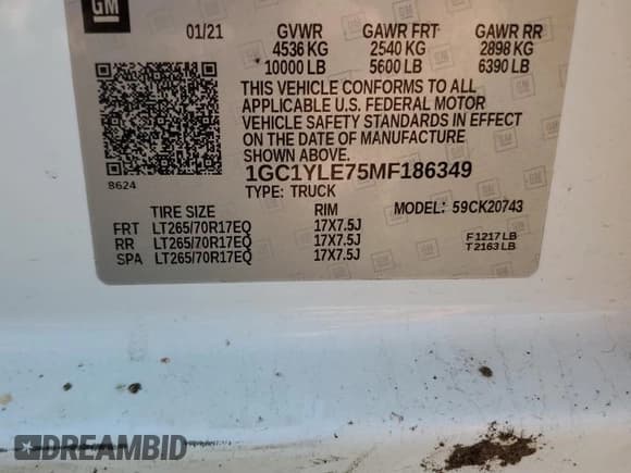 ✅ 2021 Chevrolet Silverado 2500HD Work Truck • VIN: 1GC1YLE75MF186349 • Lot: 63677605. Wystawiony na Copart z przebiegiem Nie podano. Bezpłatny archiwum sprzedaży aukcyjnych z USA i szczegółowy raport historii pojazdu na DreamBid. Zdjęcie 12.