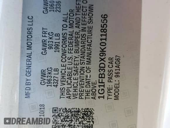 2019 Chevrolet Camaro 1LT с VIN 1G1FB3DX9K0118556, выставлен на аукционе Copart как лот 77361094 с пробегом 78 230 миль миль и Списание • Salvage title. История ставок и продаж доступна на DreamBid. Изображение 14.