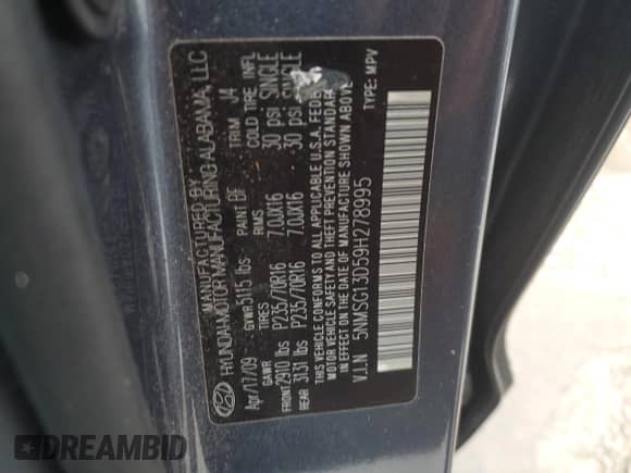 2009 Hyundai Santa Fe GLS с VIN 5NMSG13D59H278995, выставлен на аукционе Copart как лот 73980984 с пробегом 176 964 миль миль и Списание • Salvage title. История ставок и продаж доступна на DreamBid. Изображение 14.