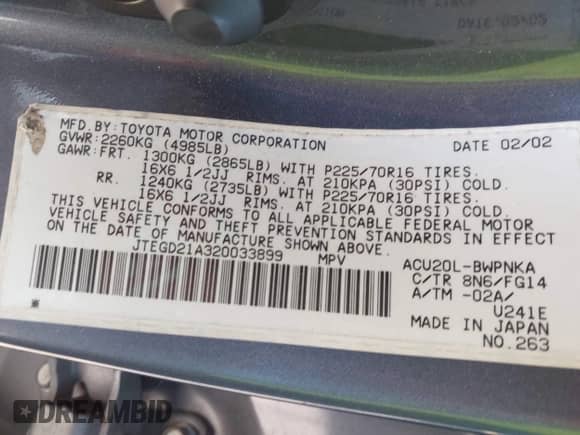 2002 Toyota Highlander с VIN JTEGD21A320033899, выставлен на аукционе IAAI как лот 43183261 с пробегом 271 073 миль миль и . История ставок и продаж доступна на DreamBid. Изображение 9.