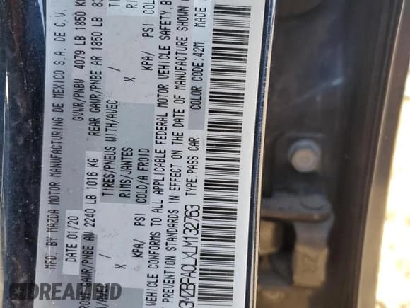 ✅ 2020 Mazda 3 Select • VIN: 3MZBPACLXLM132763 • Lot: 51661915. Listed on Copart with 60,739 mi. Free auction sales archive from the USA and detailed vehicle history report at DreamBid. Image 14.