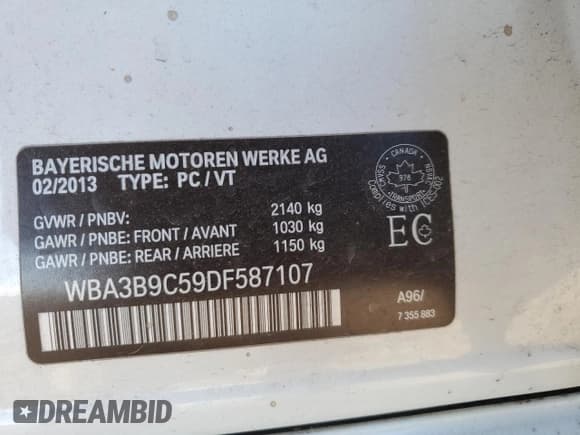 ✅ 2013 BMW 3 Series 335i xDrive • VIN: WBA3B9C59DF587107 • Lot: 84409265. Listed on Copart with 205,570 mi. Free auction sales archive from the USA and detailed vehicle history report at DreamBid. Image 12.