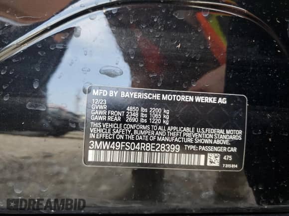 2024 BMW 3 Series M340i with VIN 3MW49FS04R8E28399, listed as a Copart auction lot 51360615 with 20,644 mi miles and Salvage title. Bid and sale history available at DreamBid. Image 12.