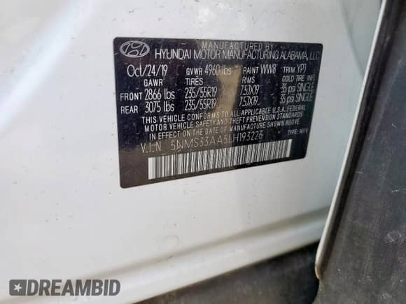 2020 Hyundai Santa Fe SEL with VIN 5NMS33AA5LH193226, listed as a Copart auction lot 71690665 with 70,581 mi miles and Salvage title. Bid and sale history available at DreamBid. Image 14.