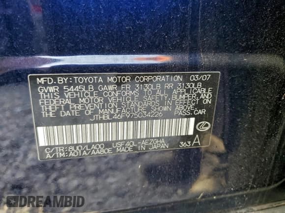 ✅ 2007 Lexus LS 460 • VIN: JTHBL46F975034226 • Lot: 96835355. Listed on Copart with 200,278 mi. Free auction sales archive from the USA and detailed vehicle history report at DreamBid. Image 13.