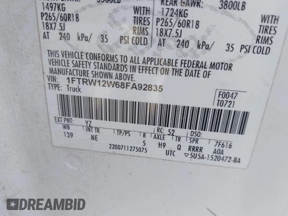 ✅ 2008 Ford F-150 XL • VIN: 1FTRW12W68FA92835 • Lot: 43665758. Listed on IAAI with 590,036 mi. Free auction sales archive from the USA and detailed vehicle history report at DreamBid. Image 9.