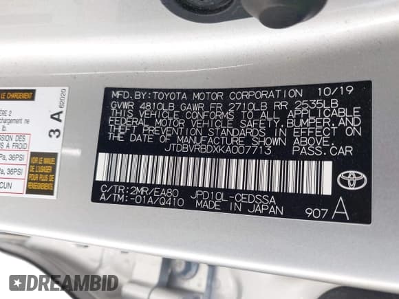 ✅ 2019 Toyota Mirai • VIN: JTDBVRBDXKA007713 • Lot: 43908557. Listed on IAAI with 41,042 mi. Free auction sales archive from the USA and detailed vehicle history report at DreamBid. Image 9.