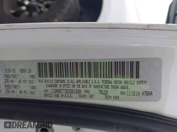 2019 Ram 1500 Big Horn with VIN 1C6RR6TT2KS561630, listed as a IAAI auction lot 43203396 with 107,570 mi miles and . Bid and sale history available at DreamBid. Image 9.
