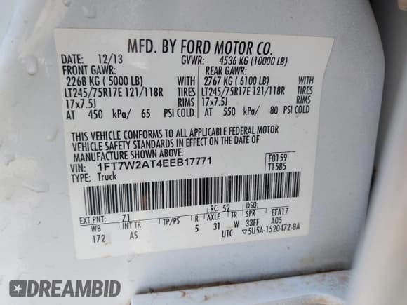 ✅ 2014 Ford F-250 XL • VIN: 1FT7W2AT4EEB17771 • Лот: 42914914. Опубликован ранее на IAAI с пробегом 294 839 миль. Бесплатный доступ к архиву аукционных продаж из США и подробный отчёт об истории автомобиля на DreamBid. Изображение 9.