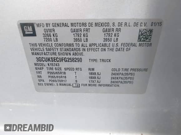 2015 Chevrolet Silverado 1500 LTZ z VIN 3GCUKSEC9FG258290, wystawiony jako IAAI lot #43514218 z przebiegiem 168 385 mil mil oraz . Historia ofert i sprzedaży dostępna na DreamBid. Obrazek 9.