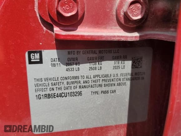 ✅ 2012 Chevrolet Volt • VIN: 1G1RB6E44CU103296 • Лот: 80121935. Опубликован ранее на Copart с пробегом 244 245 миль. Бесплатный доступ к архиву аукционных продаж из США и подробный отчёт об истории автомобиля на DreamBid. Изображение 12.