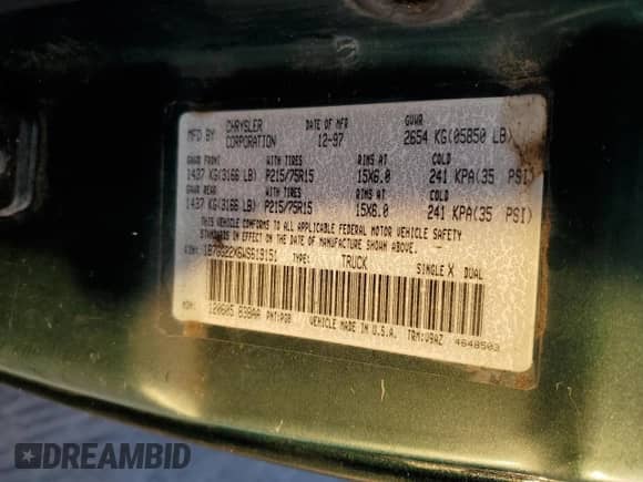 1998 Dodge Dakota SLT z VIN 1B7GG22X6WS619151, wystawiony jako Copart lot #78768394 z przebiegiem 139 243 mil mil oraz Szkoda całkowita • Salvage title. Historia ofert i sprzedaży dostępna na DreamBid. Obrazek 13.