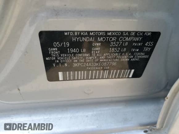 2019 Hyundai Accent SE z VIN 3KPC24A33KE087796, wystawiony jako Copart lot #52518864 z przebiegiem 20 538 mil mil oraz . Historia ofert i sprzedaży dostępna na DreamBid. Obrazek 12.