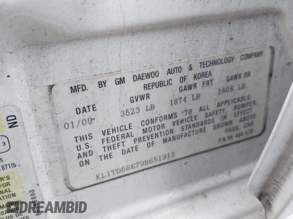 ✅ 2009 Chevrolet Aveo 1LT • VIN: KL1TD56E79B651913 • Lot: 41626867. Wystawiony na IAAI z przebiegiem 55 464 mil. Bezpłatny archiwum sprzedaży aukcyjnych z USA i szczegółowy raport historii pojazdu na DreamBid. Zdjęcie 9.