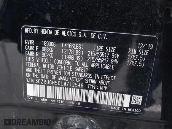 ✅ 2020 Honda HR-V EX • VIN: 3CZRU6H50LM712549 • Лот: 43014908. Опубликован ранее на IAAI с пробегом 32 585 миль. Бесплатный доступ к архиву аукционных продаж из США и подробный отчёт об истории автомобиля на DreamBid. Изображение 9.