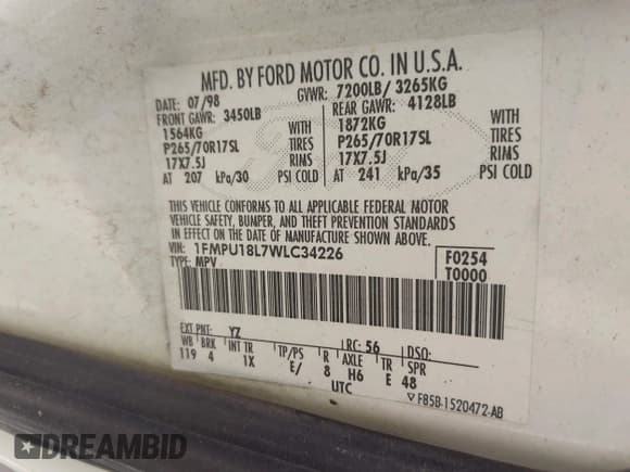 ✅ 1998 Ford Expedition XLT • VIN: 1FMPU18L7WLC34226 • Lot: 42823270. Wystawiony na IAAI z przebiegiem 180 361 mil. Bezpłatny archiwum sprzedaży aukcyjnych z USA i szczegółowy raport historii pojazdu na DreamBid. Zdjęcie 9.