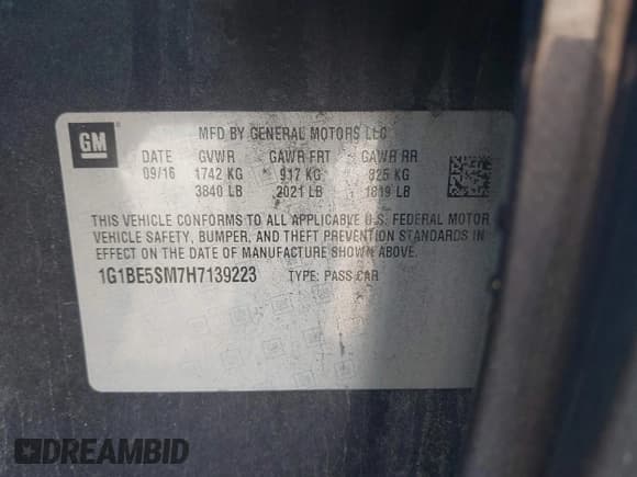 ✅ 2017 Chevrolet Cruze LT • VIN: 1G1BE5SM7H7139223 • Lot: 43503406. Listed on IAAI with 88,487 mi. Free auction sales archive from the USA and detailed vehicle history report at DreamBid. Image 9.