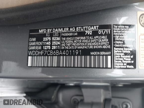 ✅ 2011 Mercedes-Benz E 550 Luxury • VIN: WDDHF7CB6BA401191 • Lot: 42973462. Listed on IAAI with 113,444 mi. Free auction sales archive from the USA and detailed vehicle history report at DreamBid. Image 9.