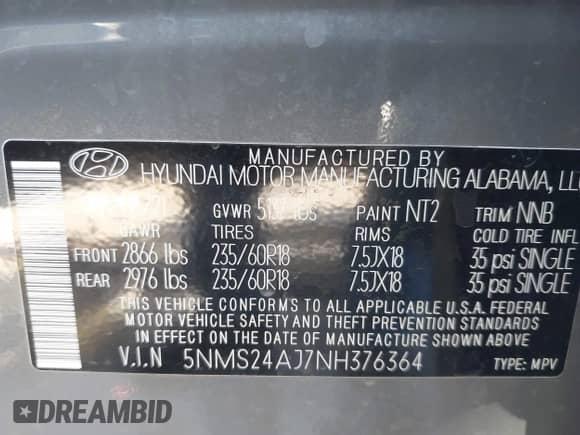 2022 Hyundai Santa Fe SEL с VIN 5NMS24AJ7NH376364, выставлен на аукционе IAAI как лот 43351955 с пробегом 50 315 миль миль и . История ставок и продаж доступна на DreamBid. Изображение 9.