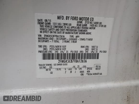 ✅ 2015 Ford Flex SEL • VIN: 2FMGK5C87FBA12656 • Lot: 84265535. Wystawiony na Copart z przebiegiem 72 482 mil. Bezpłatny archiwum sprzedaży aukcyjnych z USA i szczegółowy raport historii pojazdu na DreamBid. Zdjęcie 13.