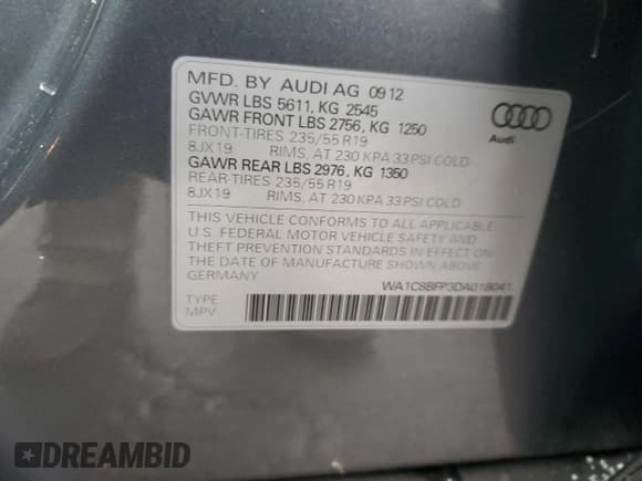 ✅ 2013 Audi Q5 Hybrid Prestige • VIN: WA1C8BFP3DA018041 • Lot: 82975544. Wystawiony na Copart z przebiegiem 67 936 mil. Bezpłatny archiwum sprzedaży aukcyjnych z USA i szczegółowy raport historii pojazdu na DreamBid. Zdjęcie 13.