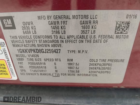 ✅ 2016 GMC Acadia SLE • VIN: 1GKKVPKD8GJ259427 • Lot: 42447354. Listed on IAAI with 106,902 mi. Free auction sales archive from the USA and detailed vehicle history report at DreamBid. Image 9.