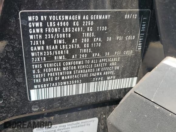 ✅ 2013 Volkswagen Tiguan SE • VIN: WVGBV7AX3DW535952 • Lot: 60476265. Listed on Copart with 126,204 mi. Free auction sales archive from the USA and detailed vehicle history report at DreamBid. Image 14.