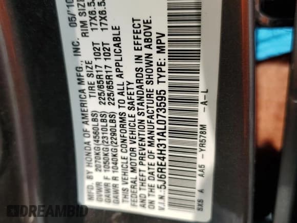 ✅ 2010 Honda CR-V LX • VIN: 5J6RE4H31AL073595 • Lot: 59601825. Listed on Copart with 199,700 mi. Free auction sales archive from the USA and detailed vehicle history report at DreamBid. Image 14.