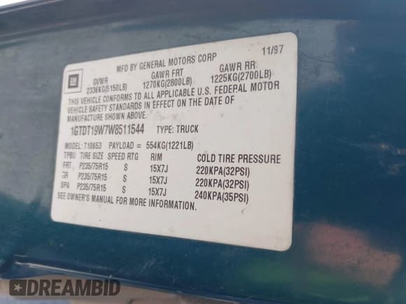 ✅ 1998 GMC Sonoma SLS • VIN: 1GTDT19W7W8511544 • Lot: 42580517. Listed on IAAI with 241,964 mi. Free auction sales archive from the USA and detailed vehicle history report at DreamBid. Image 9.
