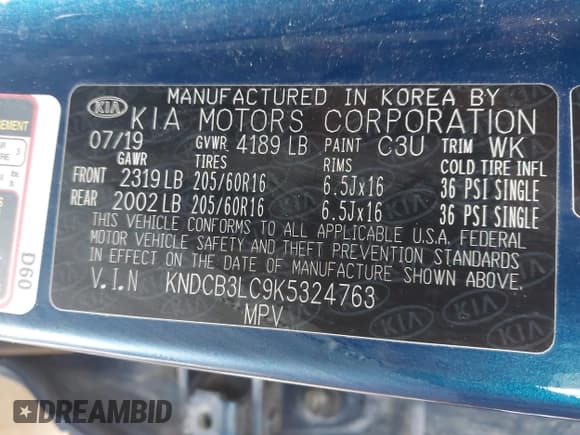 ✅ 2019 Kia Niro FE • VIN: KNDCB3LC9K5324763 • Lot: 43681312. Listed on IAAI with 66,534 mi. Free auction sales archive from the USA and detailed vehicle history report at DreamBid. Image 9.