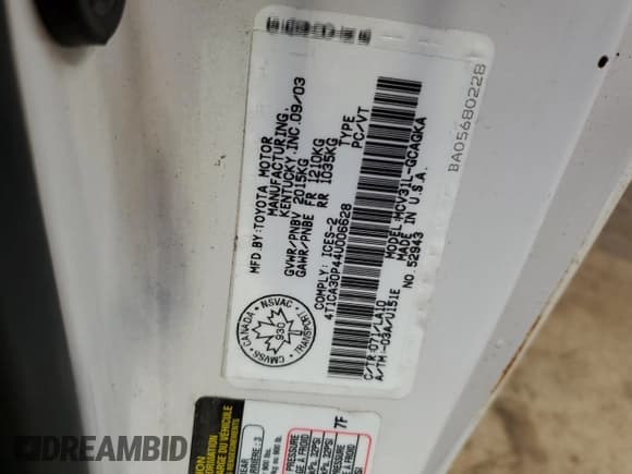 ✅ 2004 Toyota Solara SE • VIN: 4T1CA30P44U006628 • Lot: 58942785. Listed on Copart with 188,036 mi. Free auction sales archive from the USA and detailed vehicle history report at DreamBid. Image 13.