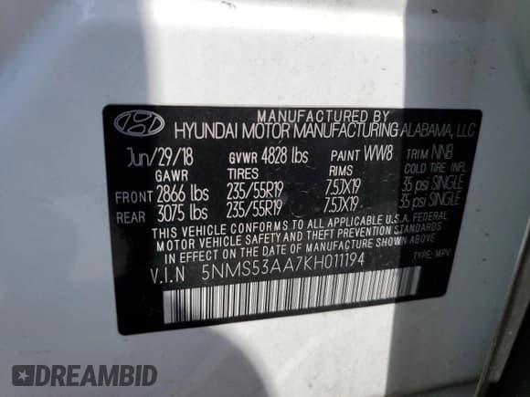 ✅ 2019 Hyundai Santa Fe Limited • VIN: 5NMS53AA7KH011194 • Lot: 59283363. Wystawiony na Copart z przebiegiem 56 793 mil. Bezpłatny archiwum sprzedaży aukcyjnych z USA i szczegółowy raport historii pojazdu na DreamBid. Zdjęcie 15.