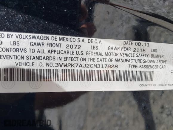 ✅ 2012 Volkswagen Jetta S • VIN: 3VW2K7AJ2CM317828 • Lot: 42366955. Listed on IAAI with 138,676 mi. Free auction sales archive from the USA and detailed vehicle history report at DreamBid. Image 9.